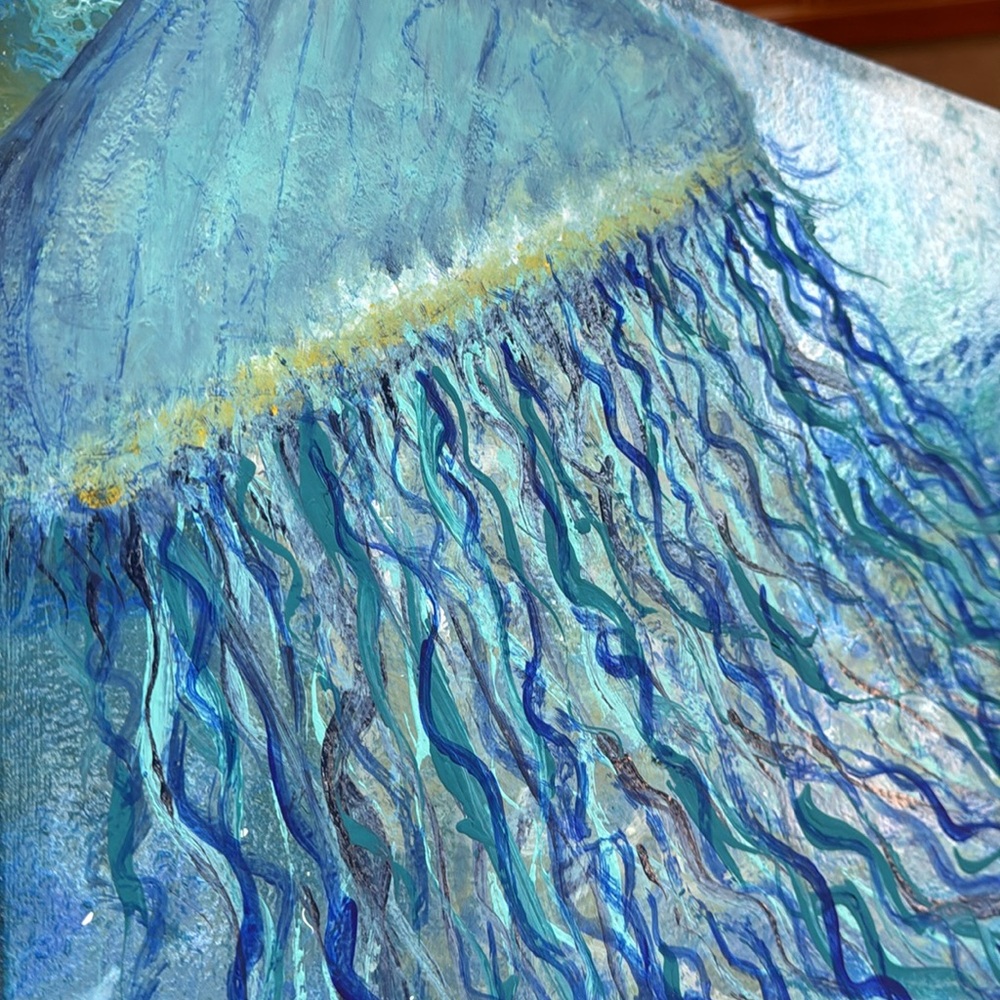 Large jellyfish with acrylic cell activating background, turquoise, blues,green